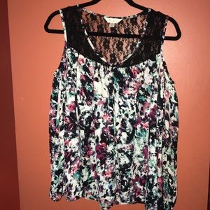 Flowy, lace accented, cold shoulder top